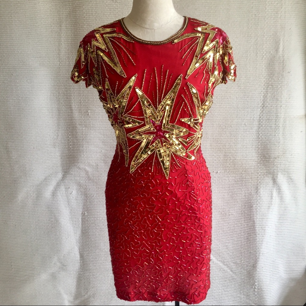 Vintage 80s 90s S/M July 4th Fireworks Silk Party Beaded Dress Holiday Stars - Picture 3 of 16